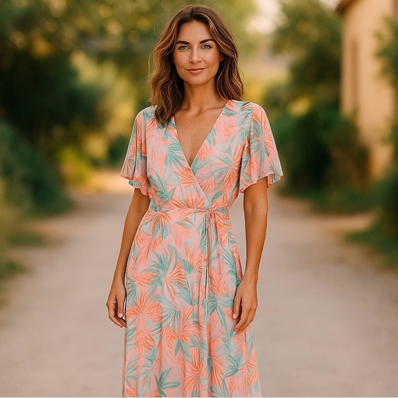 Farm Rio Maxi Dress Pink Orange Blue Hawaiian Wrap High Low Open Back Medium - Picture 2 of 13